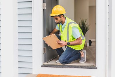 Home inspector in a hard hat checking a house doorway with a clipboard